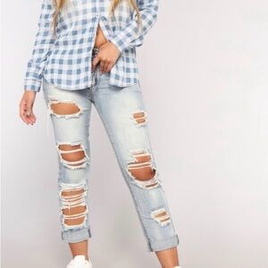Fashion Nova Blue Ankle Cropped Distressed Jeans